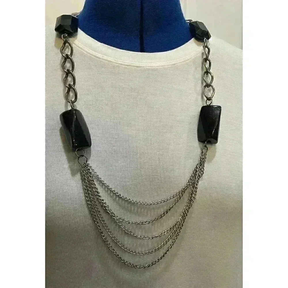 Vintage Silver Tone Black Beaded Multi Strand Necklace Retro Statement Piece